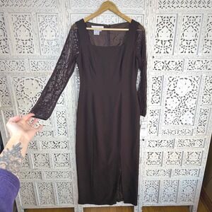 Maggie London NWT Chocolate Brown Square Neck Sheer Sleeves Formal Gown Sz 6